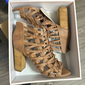 Brown open toe bootie heels
